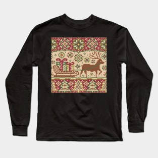 Knitted pattern with reindeer red/green Long Sleeve T-Shirt